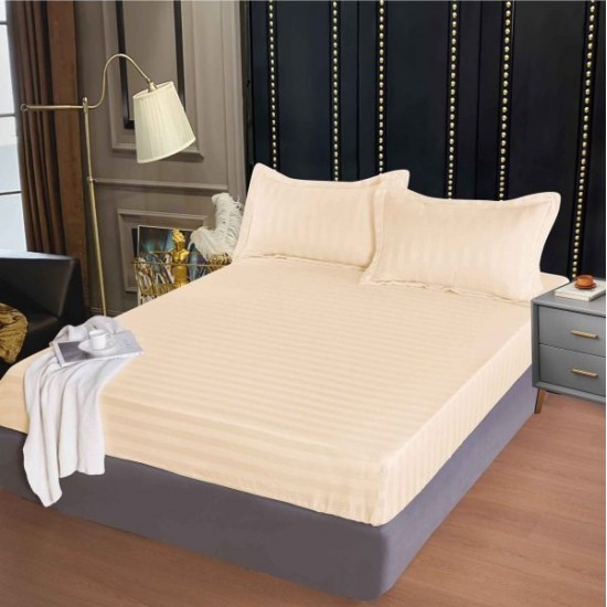 Set cearșaf cu elastic 160x200 cm din damasc finetat + 2 fețe de pernă–bej cald, LFD-010 Huse Damasc