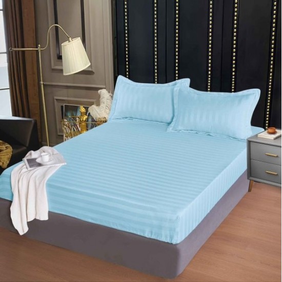 Set cearșaf cu elastic 160x200 cm din damasc finetat + 2 fețe de pernă–blue, LFD-012 Huse Damasc