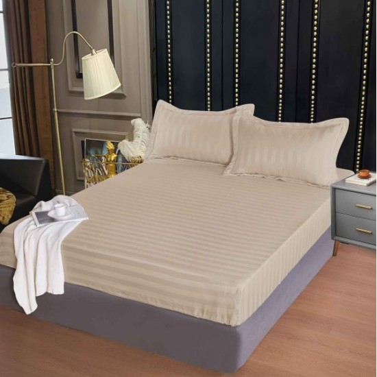 Set cearșaf cu elastic 160x200 cm din damasc finetat + 2 fețe de pernă–bej nisipiu, LFD-022 Huse Damasc