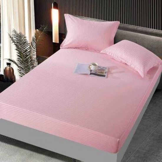 Set cearșaf cu elastic 160x200 cm din damasc finetat + 2 fețe de pernă–roz, LFD-026 Huse Damasc