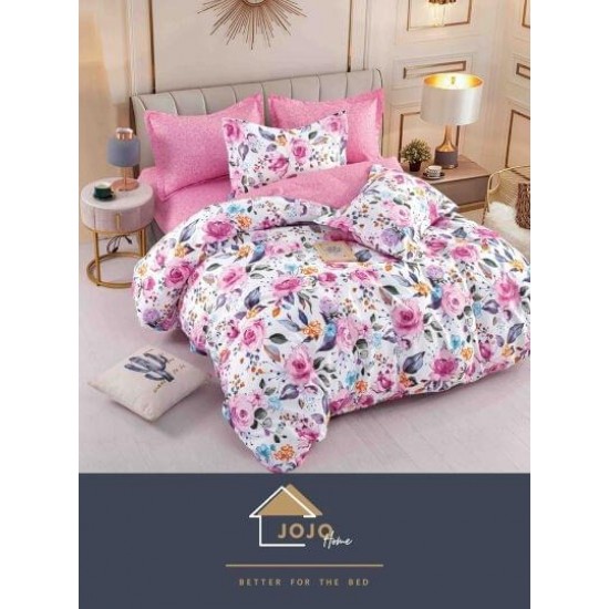 Lenjerie pat dublu 6 piese din finet cu cearșaf cu elastic – model floral roz, LDE-169 Lenjerii Finet 6 piese cu ELASTIC