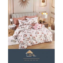 Lenjerie pat dublu 6 piese finet cu cearșaf cu elastic – imprimeu floral roz pastel, LDE-177