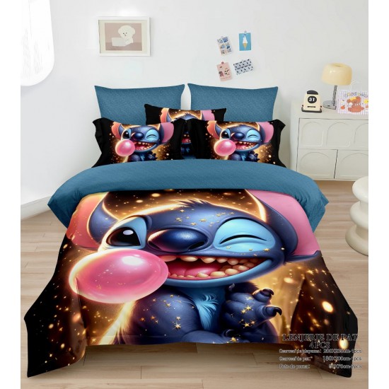 Lenjerie Pat Dublu Finet 4 Piese cu Elastic – Stitch cu Balon Roz și Stele Aurii, LCC-106 Lenjerii Pentru Copii cu Desene Animate - Finet 4 piese