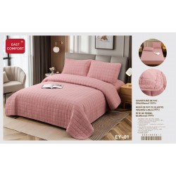 Set cuvertură matlasată 4 piese cu husă de pat cu elastic și fețe de pernă – Roz prafuit, CSV 037