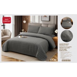 Set cuvertură matlasată 4 piese cu husă de pat cu elastic și fețe de pernă – Gri, CSV 045