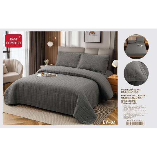 Set cuvertură matlasată 4 piese cu husă de pat cu elastic și fețe de pernă – Gri, CSV 045 Cuverturi 3 piese Uni Bumbac-Satinat