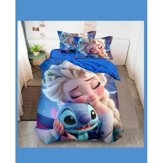 Lenjerie finet 4 piese pentru pat o persoană – model Elsa și Stitch, LCC-044 Lenjerii de Pat din Finet