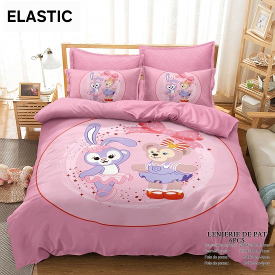 Lenjerie pat dublu finet – 6 piese, cu cearșaf cu elastic – model iepuraș balerină și ursuleț, LCC-045 Lenjerii Pentru Copii cu Desene Animate - Finet 6 piese
