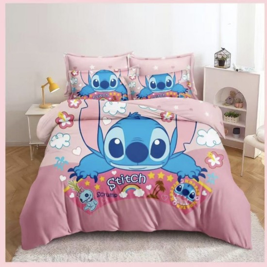 Lenjerie de Pat Finet 6 Piese – Pat Dublu – Stitch Roz, LCC-051 Lenjerii Pentru Copii cu Desene Animate - Finet 6 piese