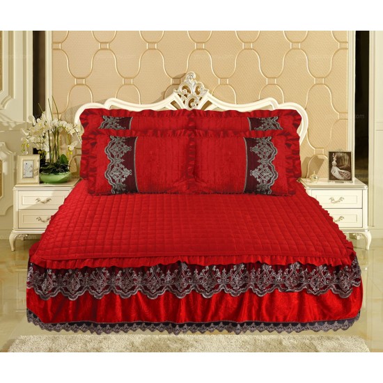 Cuvertură din catifea cu dantelă pentru pat dublu, model elegant și rafinat, Rosu, CCB-058 Cuverturi Catifea Lux cu Volane