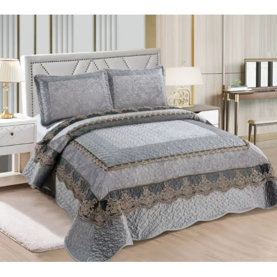 Cuvertură din catifea cu dantelă pentru pat dublu, model elegant și rafinat, Gri, CCB-064 Cuverturi Catifea Lux cu Volane