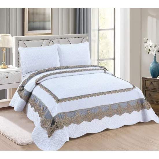 Cuvertură din catifea cu dantelă pentru pat dublu, model elegant și rafinat, Alb, CCB-065 Cuverturi Catifea Lux cu Volane