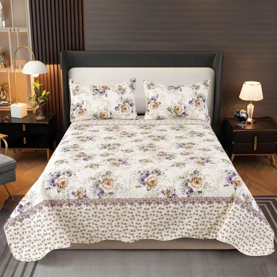 Cuvertura pentru pat dublu, matlasata, Bumbac Satinat, 220x240cm, plus 2 fete de perna, Crem-Multicolor, flori, OCT-335 3 cuverturi la 199 lei