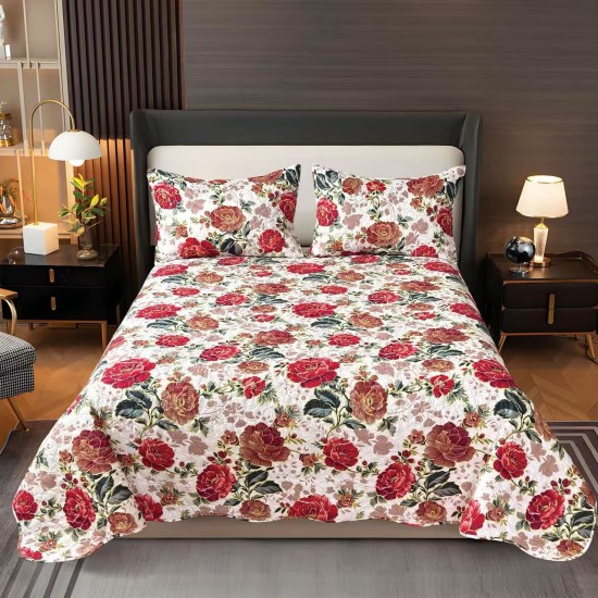 Cuvertura pentru pat dublu, matlasata, Bumbac Satinat, 220x240cm, plus 2 fete de perna, Crem-Multicolor, flori, OCT-036 3 cuverturi la 199 lei
