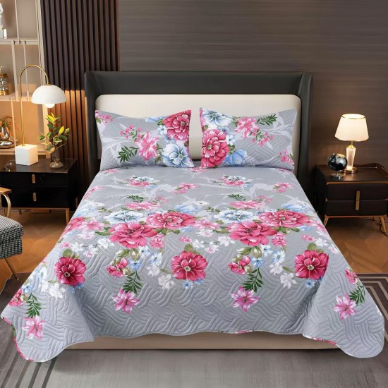 Cuvertura pentru pat dublu, matlasata, Bumbac Satinat, 220x240cm, plus 2 fete de perna, Gri-Rosu, flori, CBS-035 3 cuverturi la 199 lei
