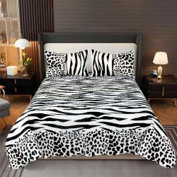 Cuvertura pentru pat dublu, matlasata, Bumbac Satinat, 220x240cm, plus 2 fete de perna, Alb-Negru, zebra, CBS-038