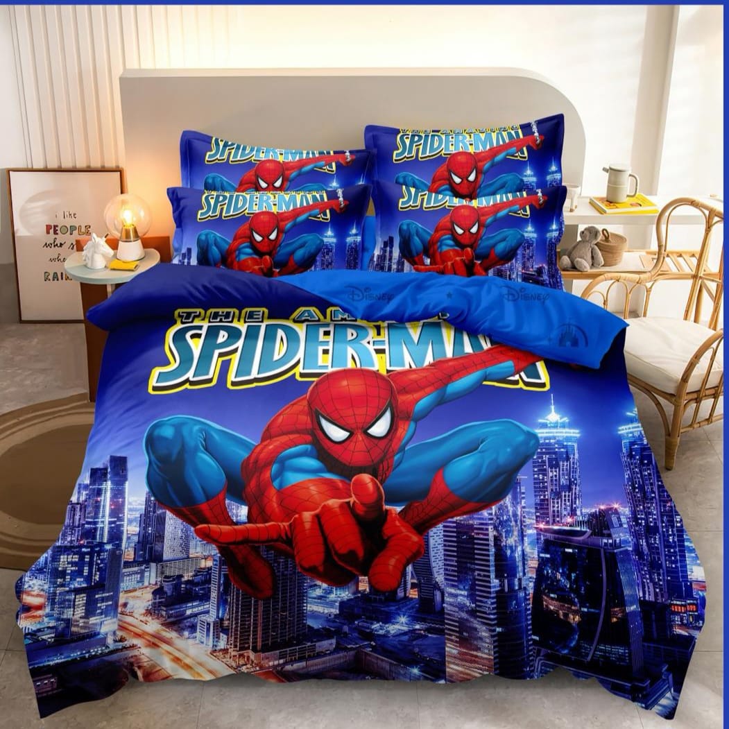 Lenjerie pat dublu, 6 piese, bumbac-finet, Albastru-Rosu