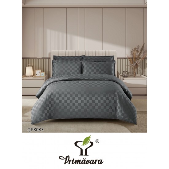 Lenjerie damasc 4 piese pat dublu cu elastic – pătrățele, Gri inchis, LDD-001 Lenjerii Damasc 4 piese