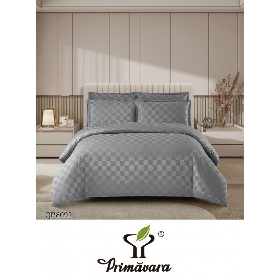 Lenjerie damasc 4 piese pat dublu cu elastic – pătrățele, Gri deschis, LDD-002 Lenjerii Damasc 4 piese