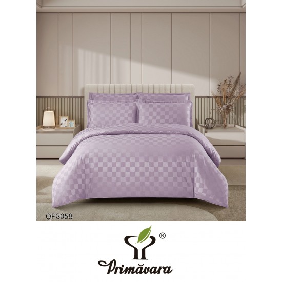 Lenjerie damasc 4 piese pat dublu cu elastic – pătrățele, Lila, LDD-003 Lenjerii Damasc 4 piese