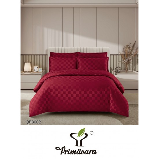 Lenjerie damasc 4 piese pat dublu cu elastic – pătrățele, Bordo, LDD-004 Lenjerii Damasc 4 piese
