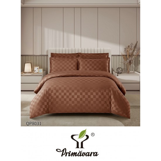 Lenjerie damasc 4 piese pat dublu cu elastic – pătrățele, Maro, LDD-005 Lenjerii Damasc 4 piese