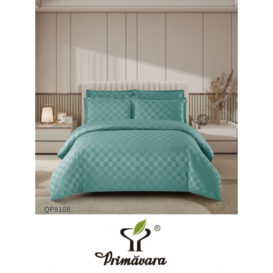 Lenjerie damasc 4 piese pat dublu cu elastic – pătrățele, Verde menta, LDD-006 Lenjerii Damasc 4 piese