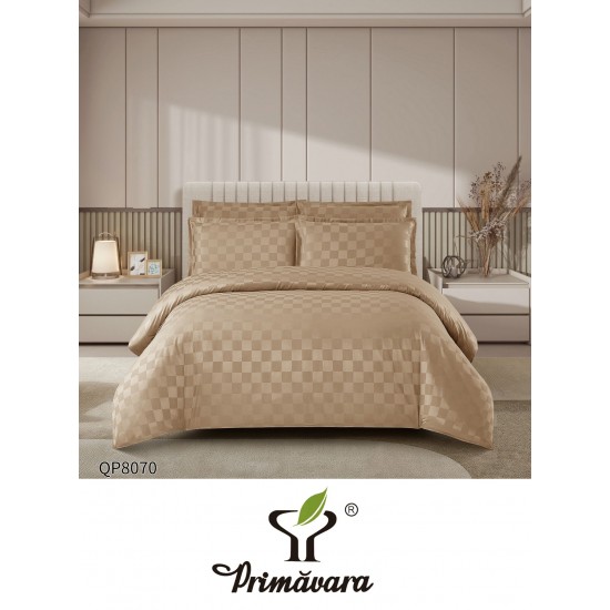 Lenjerie damasc 4 piese pat dublu cu elastic – pătrățele, Bej, LDD-008 Lenjerii Damasc 4 piese