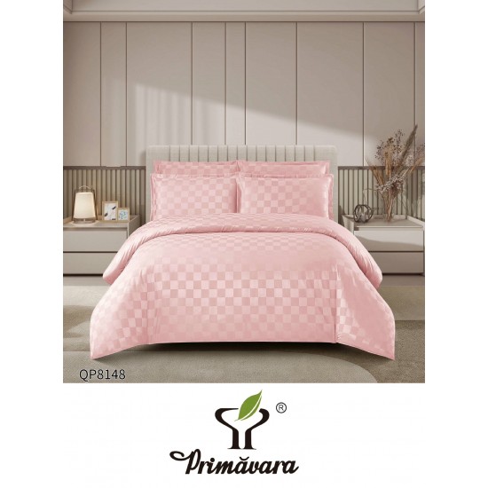 Lenjerie damasc 4 piese pat dublu cu elastic – pătrățele, Roz, LDD-009 Lenjerii Damasc 4 piese
