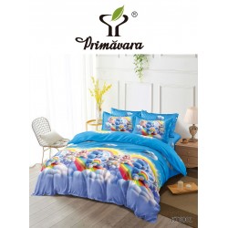 Set Lenjerie de pat din Finet Gros, Cearceaf cu ELASTIC, 6 Piese, Pat 2 Persoane, Albastru-Multicolor, ursulet, LDE-072