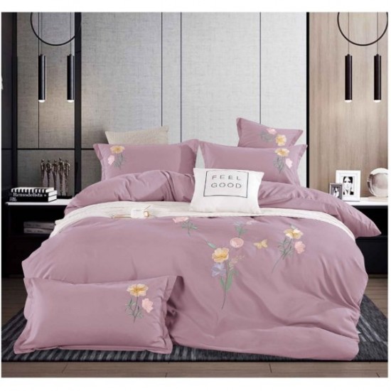 Lenjerie pat dublu 4 piese finet cu broderie florală lila și cearșaf cu elastic, LFB-051 Lenjerii Brodate