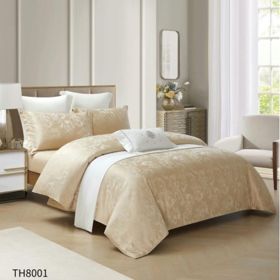 Lenjerie pat dublu Jacquard 4 piese cu cearșaf cu elastic – model elegant, Bej, LDJ-001 Lenjerii Jacquard cu Finet 6 piese