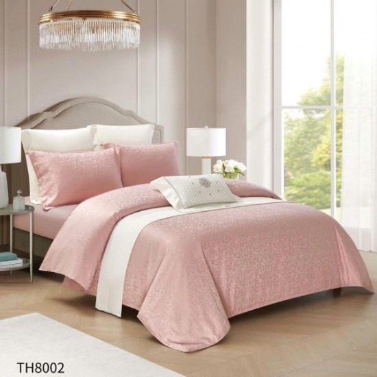 Lenjerie pat dublu Jacquard 4 piese cu cearșaf cu elastic – model elegant, Roz, LDJ-002 Lenjerii Jacquard cu Finet