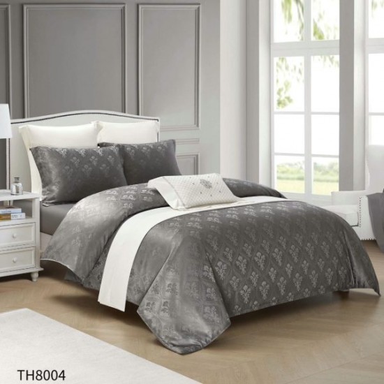 Lenjerie pat dublu Jacquard 4 piese cu cearșaf cu elastic – model elegant, Gri inchis, LDJ-007 Lenjerii Jacquard cu Finet