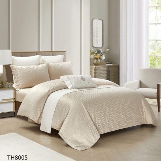 Lenjerie pat dublu Jacquard 4 piese cu cearșaf cu elastic – model elegant, Bej deschis, LDJ-008 Lenjerii Jacquard cu Finet