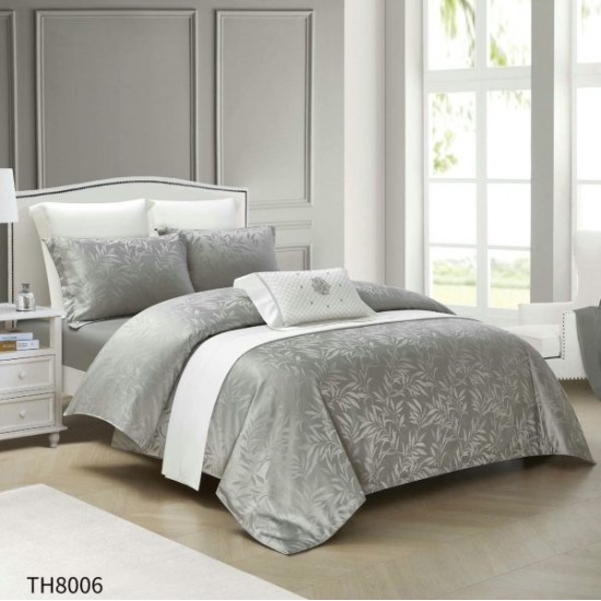 Lenjerie pat dublu Jacquard 4 piese cu cearșaf cu elastic – model elegant, Gri deschis, LDJ-015 Lenjerii Jacquard cu Finet