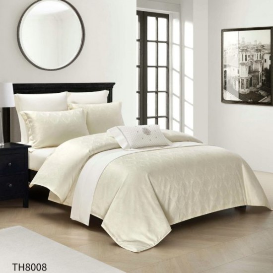 Lenjerie pat dublu Jacquard 4 piese cu cearșaf cu elastic – model elegant, Crem, LDJ-030 Lenjerii Jacquard cu Finet