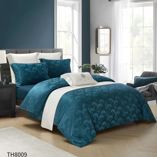 Lenjerie pat dublu Jacquard 4 piese cu cearșaf cu elastic – model elegant, Albastru, LDJ-031 Lenjerii Jacquard cu Finet