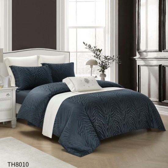 Lenjerie pat dublu Jacquard 4 piese cu cearșaf cu elastic – model elegant, Gri antracit, LDJ-032 Lenjerii Jacquard cu Finet