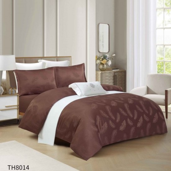 Lenjerie pat dublu Jacquard 4 piese cu cearșaf cu elastic – model elegant, Maro, LDJ-036 Lenjerii Jacquard cu Finet