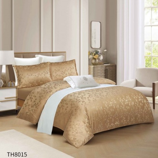 Lenjerie pat dublu Jacquard 4 piese cu cearșaf cu elastic – model elegant, Maro deschis, LDJ-037 Lenjerii Jacquard cu Finet