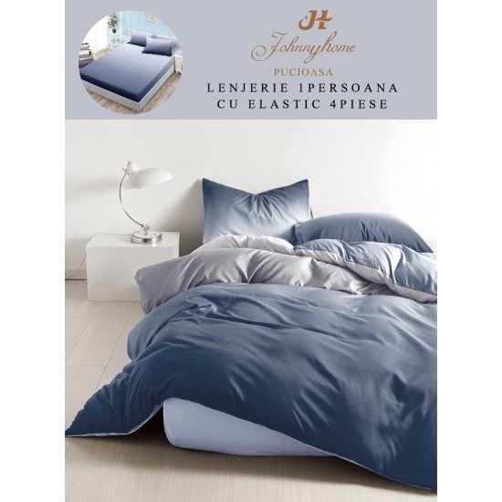 Lenjerie Bumbac Finet Superior, 4 Piese, Pat 1 Persoana, cearsaf cu ELASTIC, Albastru-Degrade, OTM-049 Oferta Trio Mix 199