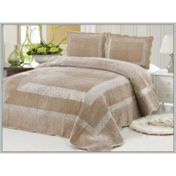 Cuvertura pat dublu, 3 piese, Catifea Matlasata cu PAIETE, 230x250cm, plus 2 fete de perna, Bej, CPC-004
