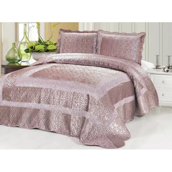 Cuvertura pat dublu, 3 piese, Catifea Matlasata cu PAIETE, 230x250cm, plus 2 fete de perna, Roz pudra, CPC-006 Cuverturi Catifea Cu Paiete