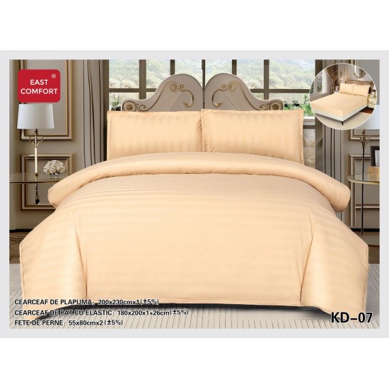 Lenjerie damasc 4 piese pat dublu cu elastic – dungi, Crem, LDD-010 Lenjerii Damasc 4 piese