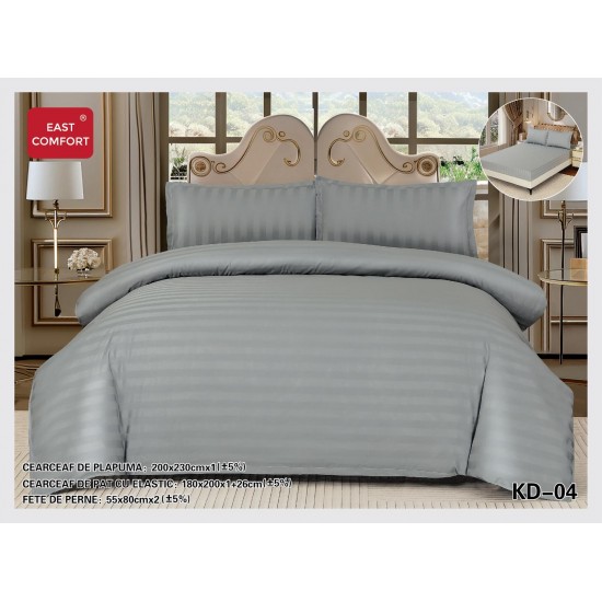 Lenjerie damasc 4 piese pat dublu cu elastic – dungi, Gri deschis, LDD-012 Lenjerii Damasc 4 piese