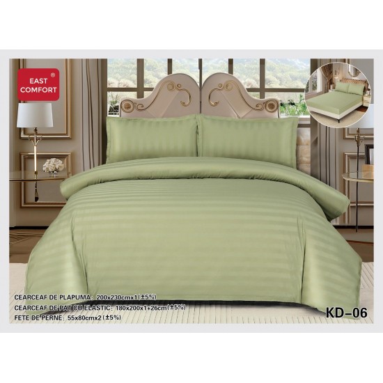 Lenjerie damasc 4 piese pat dublu cu elastic – dungi, Verde, LDD-015 Lenjerii Damasc 4 piese
