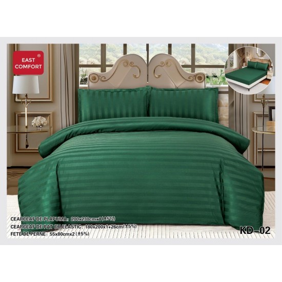 Lenjerie damasc 4 piese pat dublu cu elastic – dungi, Verde smarald, LDD-016 Lenjerii Damasc 4 piese