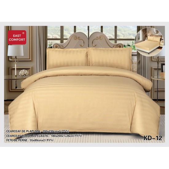 Lenjerie damasc 4 piese pat dublu cu elastic – dungi, Bej inchis, LDD-017 Lenjerii Damasc 4 piese