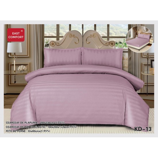 Lenjerie damasc 4 piese pat dublu cu elastic – dungi, Lila, LDD-019 Lenjerii Damasc 4 piese